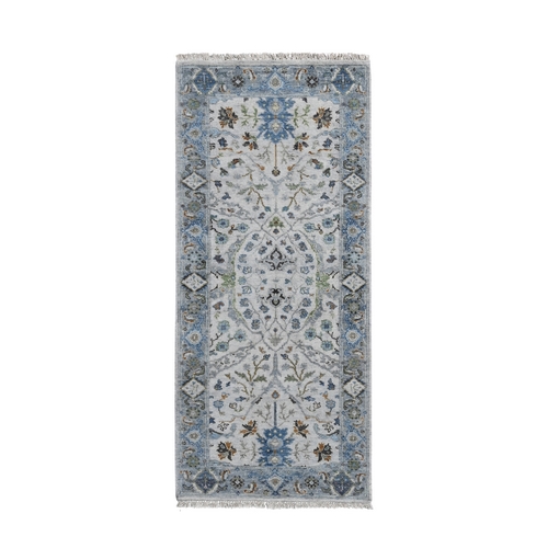 Ivory, Dense Weave Pure Wool, Hand Knotted Oushak with All Over Design, Runner Oriental Rug