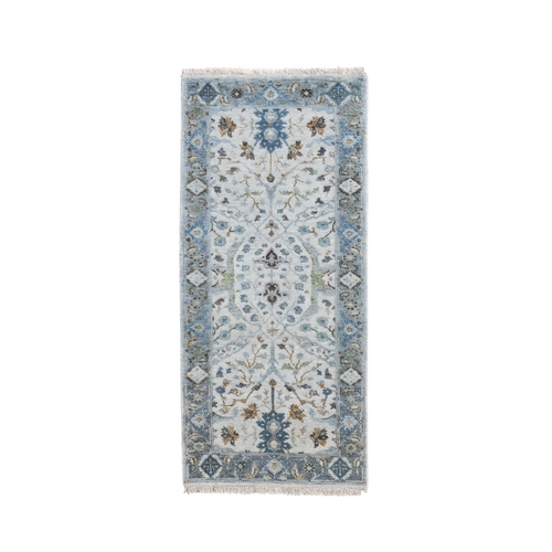 Ivory, Dense Weave Organic Wool, Hand Knotted Oushak with All Over Design, Runner Oriental Rug