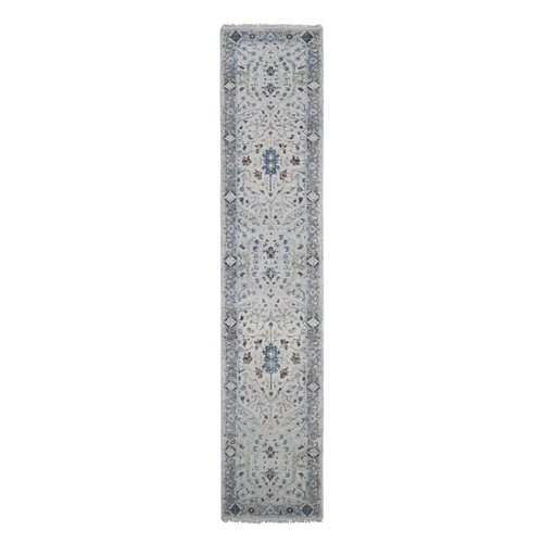 Ivory, Oushak with All Over Design Dense Weave, Natural Wool Hand Knotted, Runner Oriental Rug