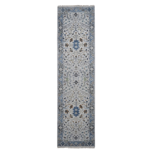 Ivory, Oushak with All Over Design, Hand Knotted, Dense Weave, Pure Wool, Runner Oriental Rug