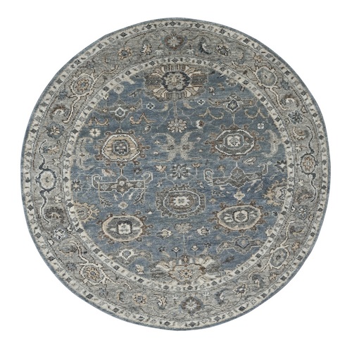 Silver Blue, Supple Collection Plush and Lush, Natural Wool Hand Knotted, Oushak Design, Round Oriental Rug