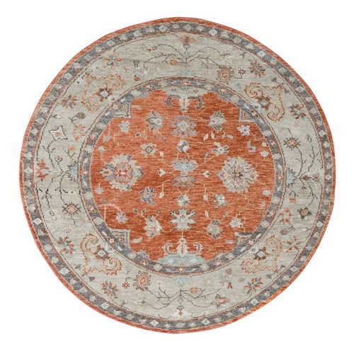 Burnt Orange, Oushak Design, Supple Collection, Thick and Plush, Extra Soft Wool, Hand Knotted, Round Oriental Rug