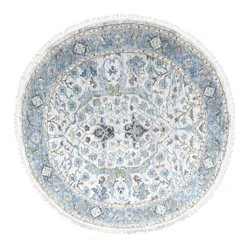 Light Gray, Oushak with Floral Motifs, Denser Weave, Soft Wool, Natural Dyes, Round, Hand Knotted, Oriental Rug