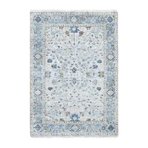 Light Gray, Denser Weave, Pure Wool, Hand Knotted, Vegetable Dyes, Oushak with Floral Motifs, Oriental Rug