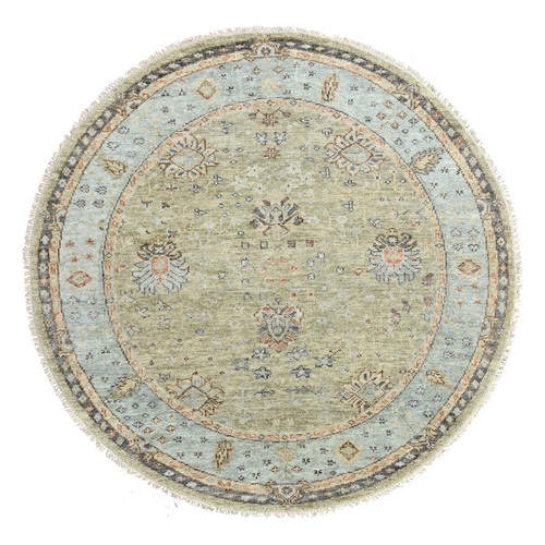 Camouflage Green, Extra Soft Wool, Oushak Design, Supple Collection, Plush and Lush, Hand Knotted, Round Oriental Rug