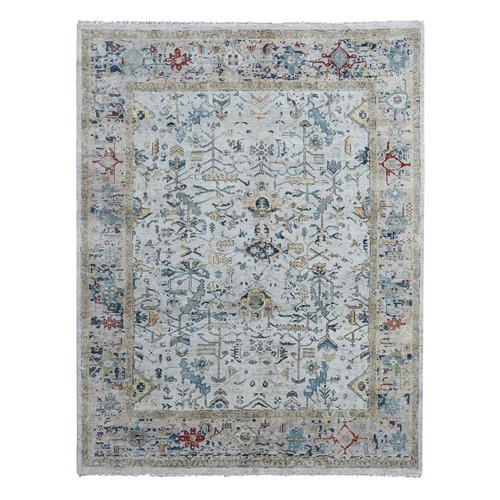 Silver Gray, Broken and Erased Persian Heriz Design, Soft Color Pallet, Dense Weave, Pure Wool, Hand Knotted, Oriental Rug