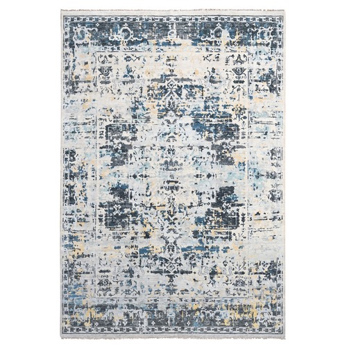 Ivory and Blue, Hand Knotted, Densely Woven, Pure Wool, Erased Persian Serapi Heriz Design, Oriental Rug 