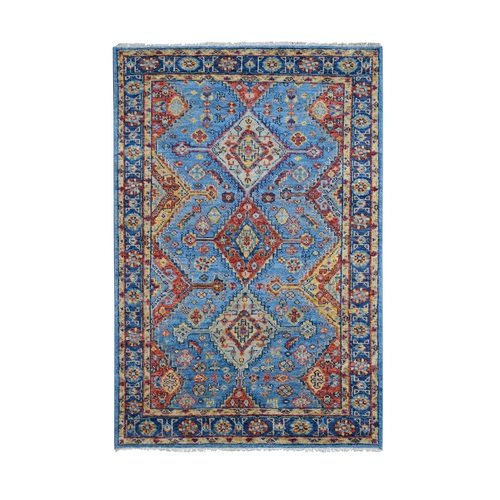 Light Blue, Shiraz Design with Serrated Medallions Supple Collection, Natural Wool Hand Knotted, Oriental Rug