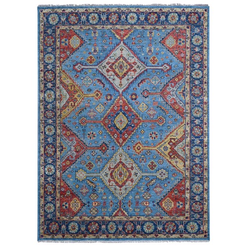 Light Blue, Hand Knotted Shiraz Design with Serrated Medallions, Supple Collection Pure Wool, Oriental Rug