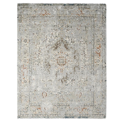 Light Gray, Broken and Erased Persian Geometric Medallion Design with Soft Color Palette, Pure Wool, Hand Knotted, Oriental 