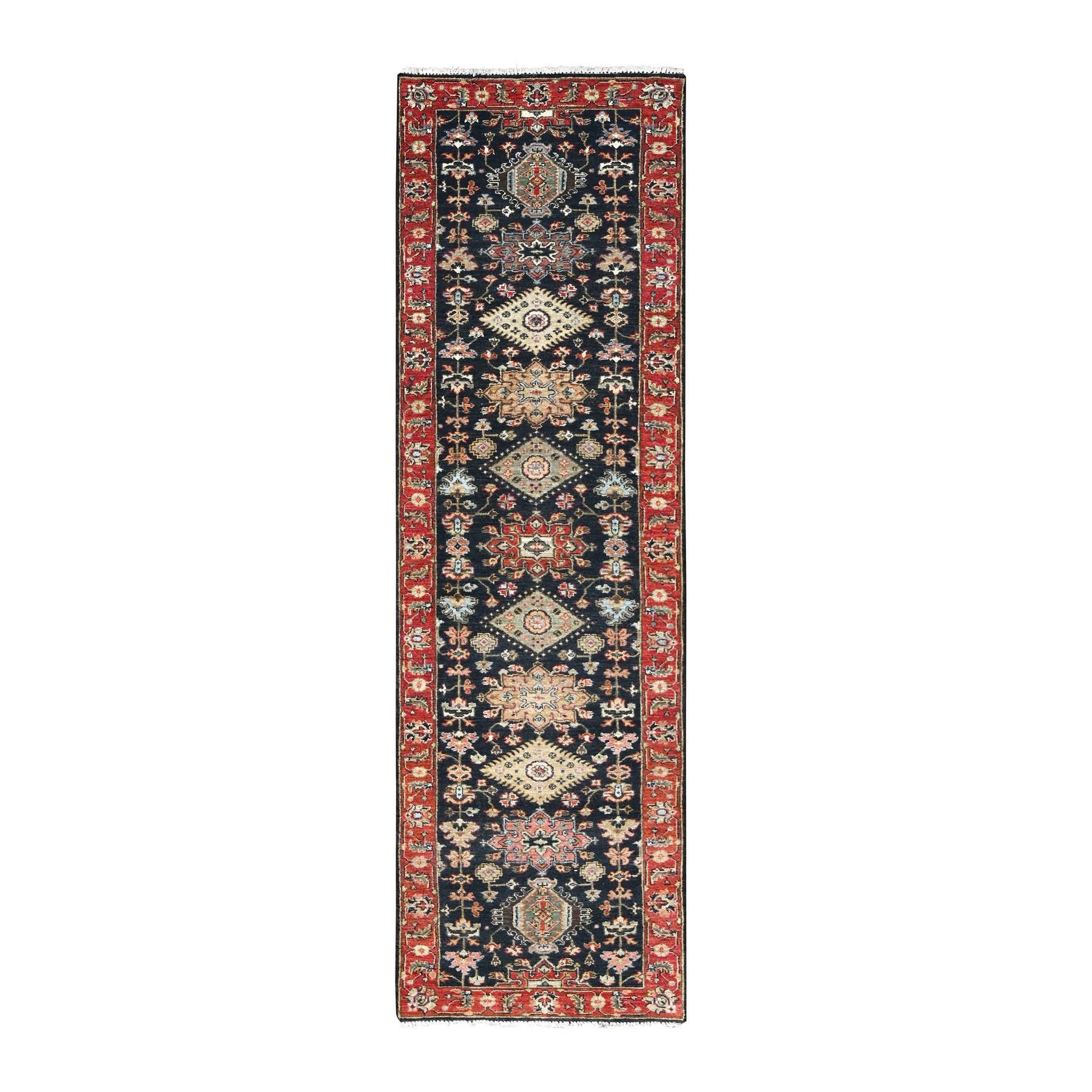 Shahbanu Rugs Denim Blue with Pop of Color Hand Knotted Anatolian Village  Inspired Geometric Design Wool Runner Rug (3'x11'9