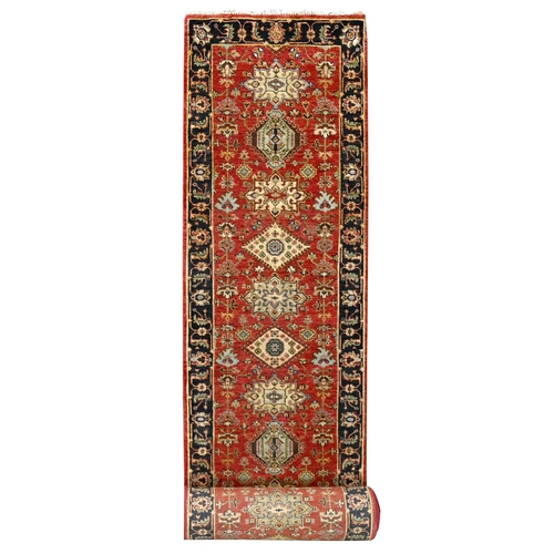 Crimson Red with Pastel Black, Hand Knotted Karajeh Design with Tribal Medallions, Pure Wool, XL Runner Oriental 