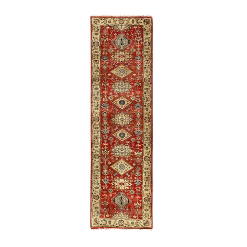 Auburn Red and Gold, Hand Knotted, Organic Wool, Karajeh Design, Runner, Soft to the Touch Pile, Oriental Rug