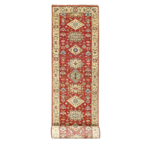 Auburn Red, Hand Knotted, Natural Wool,  Karajeh Design, Soft to the Touch Pile, XL Runner Oriental 