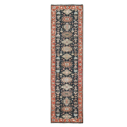 Pastel Black, Hand Knotted Karajeh Design with Tribal Medallions, Organic Wool, Natural Dyes, Runner Oriental Rug