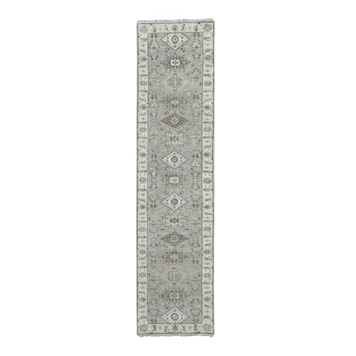 Rhino Gray with White Dove, Hand Knotted, Extra Soft Wool, Karajeh Design with Geometric Medallion, Runner Oriental Rug
