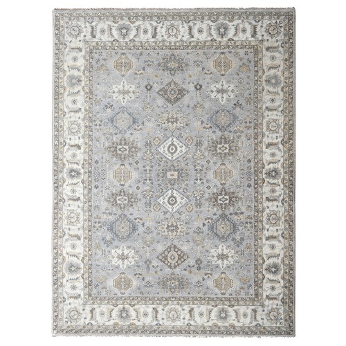 Oxford Gray with White Dove, Karajeh Design with Geometric Medallion, Extra Soft Wool, Hand Knotted, Oriental Rug