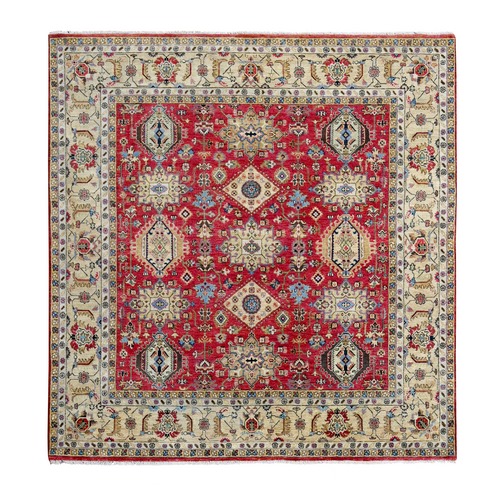 Fire Brick Red and Buttery Brown, Hand Knotted, Pure Wool, Karajeh Design, Square, Soft to the Touch Pile, Oriental Rug