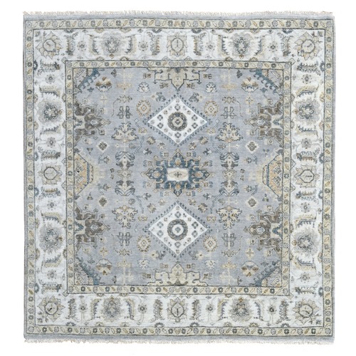 Blue Gray, Natural Wool, Karajeh and Geometric Design,  Hand Knotted, Square Oriental 