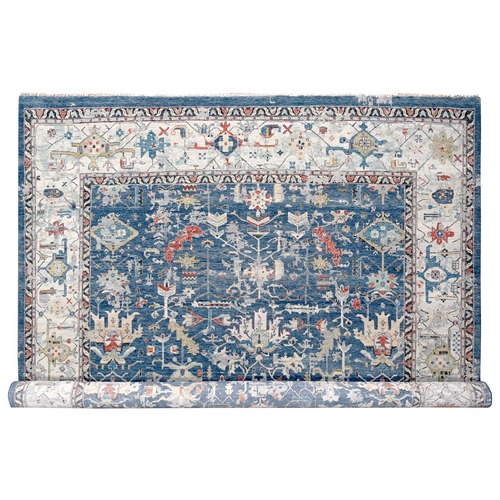 Queen Blue, Broken and Erased Persian Heriz All Over Design with Soft Color Palette, Dense Weave, Organic Wool, Hand Knotted, Oversized Oriental 