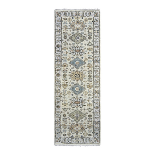 Acoustic White, Hand Knotted, Karajeh Design Tribal Medallions, Extra Soft Wool, Runner Oriental 