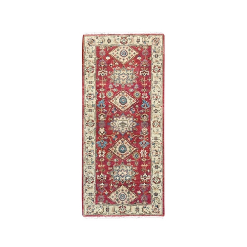 Cardinals Red with Broken White, Hand Knotted, Organic Wool,  Karajeh Design, Soft to the Touch Pile, Runner Oriental Rug