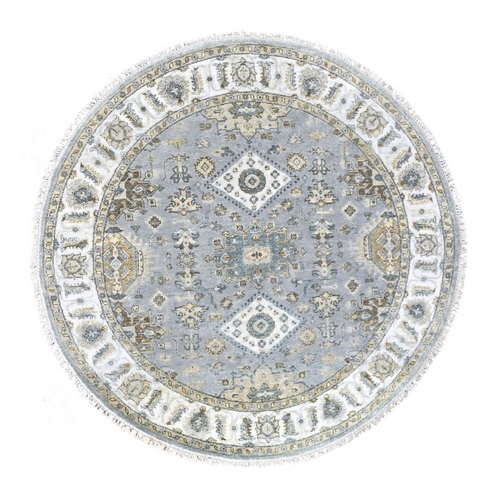 Lavender Gray, Hand Knotted, Vegetable Dyes, Karajeh Design with Geometric Medallion, Extra Soft Wool, Round Oriental Rug