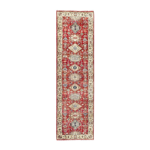 Crimson Red, Hand Knotted, Organic Wool,  Karajeh Design, Soft to the Touch Pile, Runner Oriental Rug