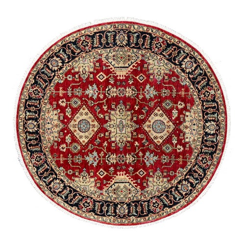 Maroon Red, Karajeh Design with Geometric Medallions, Pure Wool, Hand Knotted, Round Oriental 