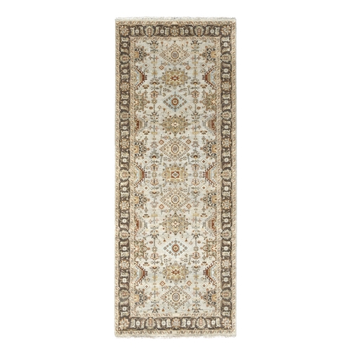 Goose Gray, Karajeh Design with Tribal Medallions, Pure Wool, Hand Knotted, Wide Runner Oriental Rug