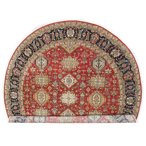 Maroon Red, Hand Knotted, Karajeh Design with Geometric Medallions, Natural Wool, Round Oriental Rug