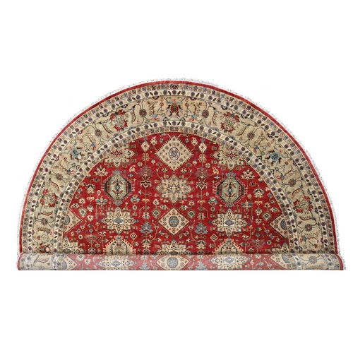 Fire Brick Red, Karajeh with Geometric Medallions Design, Pure Wool, Hand Knotted, Round Oriental 