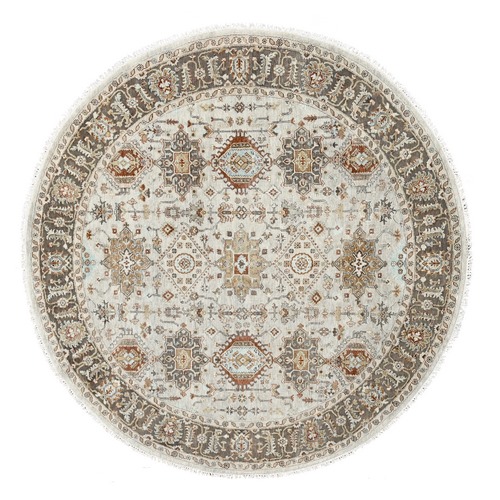Goose Gray, Pure Wool, Hand Knotted, Karajeh Design with Tribal Medallions, Round Oriental Rug
