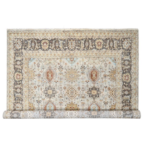 Goose Gray, Hand Knotted, Karajeh Design with Tribal Medallions, Pure Wool, Square Oriental Rug