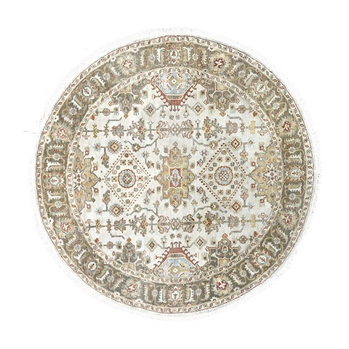Goose Gray, Karajeh Design with Tribal Medallions, Pure Wool, Hand Knotted, Round Oriental Rug