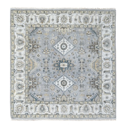 Medium Gray, Karajeh and Geometric Design, Pure Wool, Hand Knotted, Square Oriental Rug