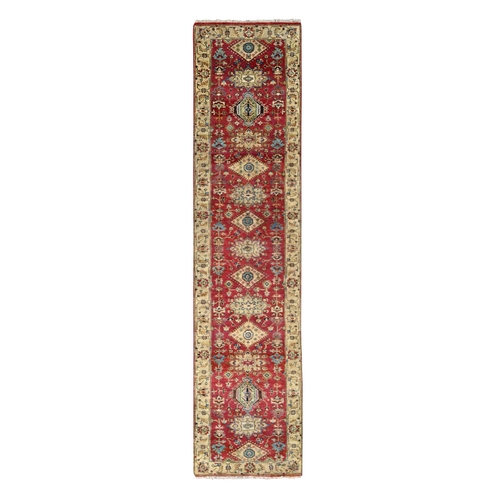 Fire Brick Red, Hand Knotted, Karajeh with Geometric Medallions Design, Pure Wool, Runner Oriental 