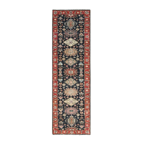 Denim Black, Vegetable Dyes, Soft Pile, Organic Wool, Hand Knotted, Karajeh Design with All Over Pattern, Runner Oriental Rug
