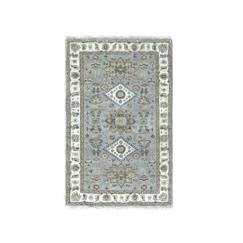 Medium Gray, 100% Wool, Hand Knotted, Karajeh and Geometric Design, Oriental Rug