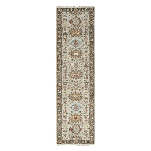 Goose Gray, Karajeh Design with Tribal Medallions, Pure Wool, Hand Knotted, Runner Oriental Rug