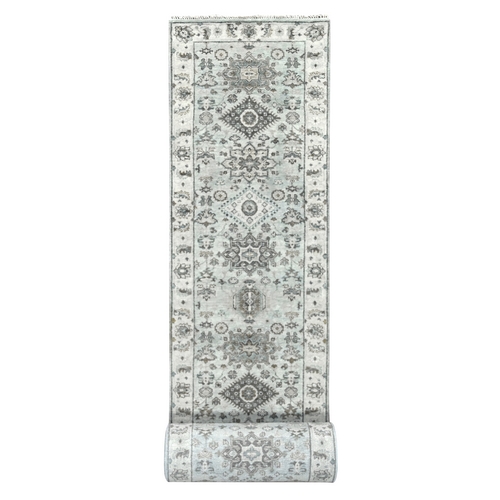 Cloud Gray, Organic Wool, Hand Knotted, Vegetable Dyes, Karajeh Design with Geometric Medallion, XL Runner Oriental Rug