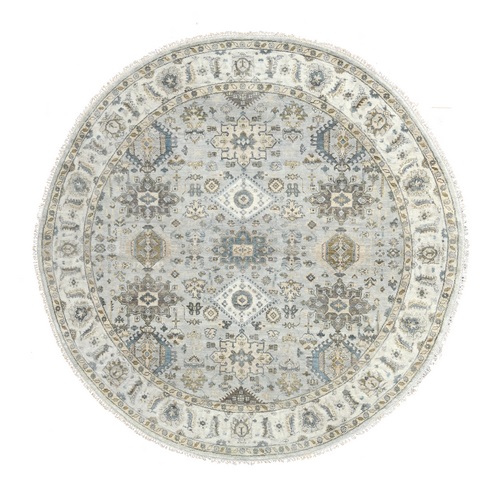 Medium Gray and Porcelain White, Natural Dyes, Soft Vibrant Wool, Karajeh and Geometric Design, Hand Knotted, Round Oriental Rug