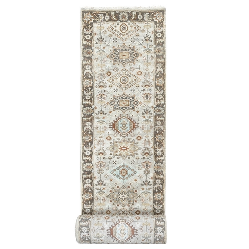 Pastel Gray, Natural Dyes, Extra Soft Wool, Hand Knotted Karajeh with Geometric Medallion Design, XL Runner Oriental Rug