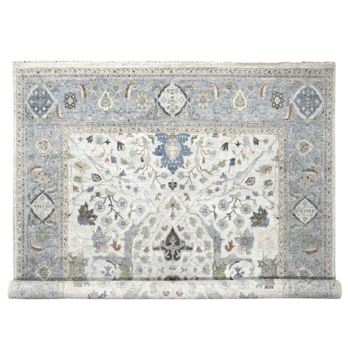 Spanish Gray, Hand Knotted, Vegetable Dyes, Oushak with Floral Motifs, Denser Weave, Organic Wool, Square Oriental Rug