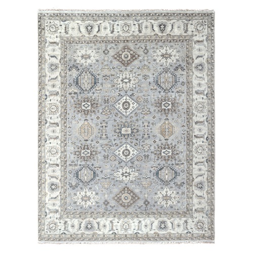 Chrome Gray, Hand Knotted, Natural Dyes, Vibrant Wool, Karajeh Design with Geometric Medallion, Oriental Rug