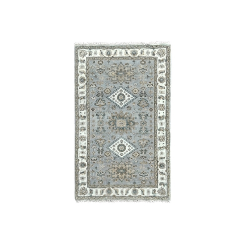 Misty Gray with Daisy White, Hand Knotted, Karajeh Design with Geometric Medallion, Natural Wool, Oriental Rug