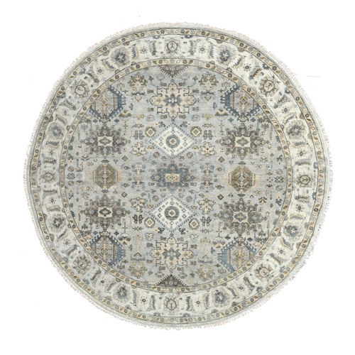 Sea Gray, Hand Knotted Karajeh Design with Geometric Medallion, Vegetable Dyes, Soft and Vibrant Wool, Round Oriental Rug