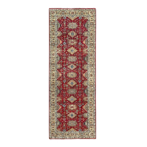 Barn Red, Hand Knotted, 100% Wool, Vegetable Dyes, Karajeh Design with Geometric Medallions, Soft to the Touch Pile, Wide Runner Oriental 