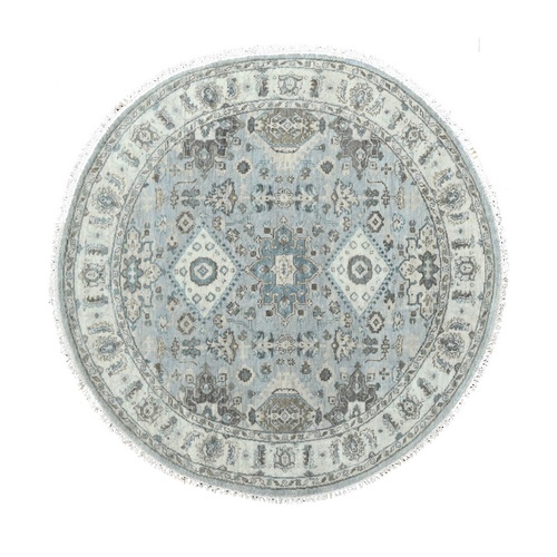 Cadet Gray, Karajeh and All Over Design, Natural Dyes, Organic Wool, Hand Knotted, Round Oriental Rug