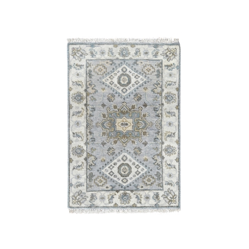 Chrome Gray, Extra Soft Wool, Hand Knotted, Natural Dyes, Karajeh Design with Geometric Medallion, Mat Oriental Rug